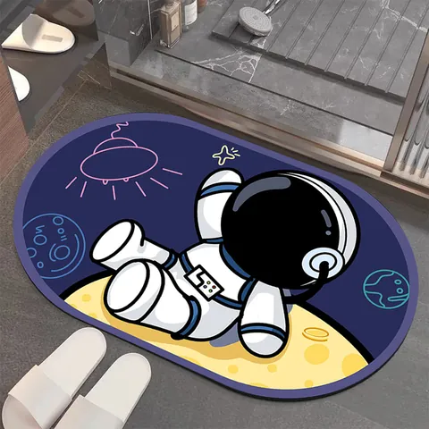 Cartoon Astronaut Space Theme Diatomaceous Earth Absorbent Non-Slip Bath Mat Oval Bathroom Soft Quick Dry Floor Mat Rug