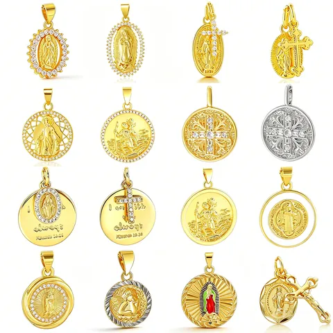 Copper Gold Plated Religious Portrait Zirconia Coin Pendant Only For DIY Jewelry Making St Christopher Virgin Mary Relief Pendant