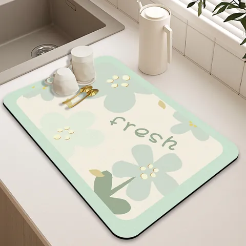 Absorbent Kitchen Drainage Mat PVC Leather Non-Slip Floral Print Placemat For Countertop Bathroom Table Washable Cuttable