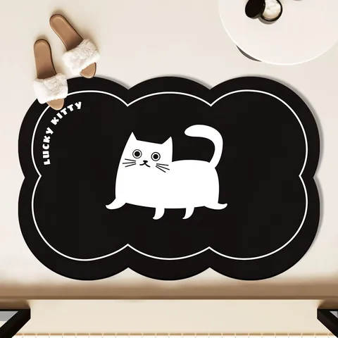PVC Felpudo de Baño Negro con Forma de Nube Super Absorbente Secado Rápido Antideslizante Alfombra de Baño para Ducha Cocina Patrón Animal Lucky