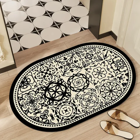 Retro Bohemian Oval Bath Mat Quick Dry Water Absorbent PVC Leather Non-Slip Bathroom Rug For Shower Entrance Door Floor Mat