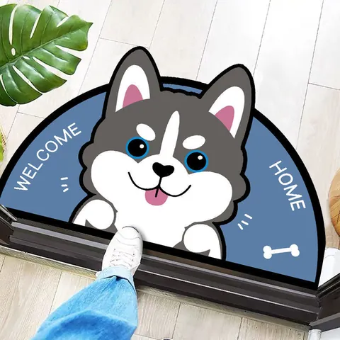 Tappetino da Pavimento in PVC a Forma di Animale del Fumetto Assorbente Antiscivolo Semicircolare Shiba Inu Husky Zerbino d'Ingresso Casa