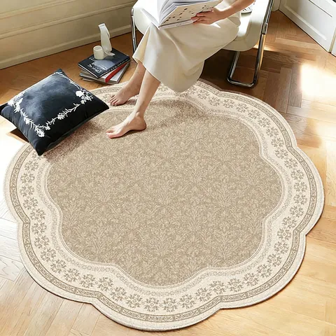 French Vintage Irregular Shaped Round Rug Olive Green Scalloped Edge Non-slip Area Rug For Living Room Bedroom Home Decor