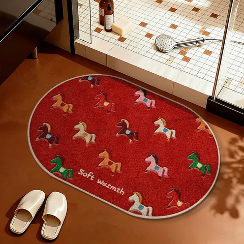 Linnen Textuur Badmat Absorberend Sneldrogend Antislip Badkamer Tapijt Cartoon Paard Patroon Bedrukt Wasbaar Deurmat