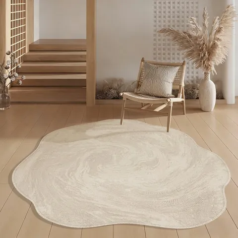 Irregular Shaped Loop Pile Rug Cream Style Modern Wave Pattern Bedside Floor Mat For Bedroom Vanity Dressing Table Chair