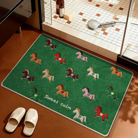 Linnen Textuur Badmat Absorberend Sneldrogend Antislip Badkamer Tapijt Cartoon Paard Patroon Bedrukt Wasbaar Deurmat