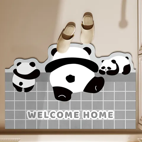 Tapete de Baño de Panda Oso de Dibujos Animados Absorbente Secado Rápido Antideslizante Lodo de Diatomeas Alfombra de Piso para Baño Entrada Inodoro Forma Irregular