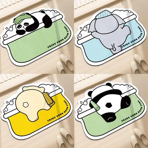 Tapete de Baño de Panda Oso de Dibujos Animados Absorbente Secado Rápido Antideslizante Lodo de Diatomeas Alfombra de Piso para Baño Entrada Inodoro Forma Irregular