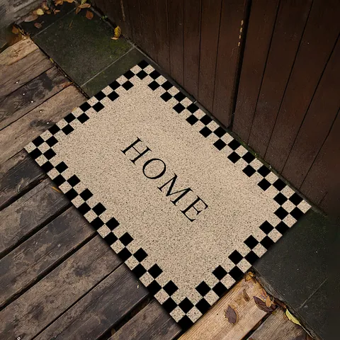 PVC Silk Loop Entrance Door Mat Anti Slip Outdoor Scraper Rug Checkered Border Welcome Home Lettering Entryway Hallway Carpet