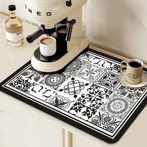 Absorbent PVC Kitchen Draining Mat Anti-slip Quick-dry Printed Geometric Pattern Coffee Machine Place Mat For Home Decor