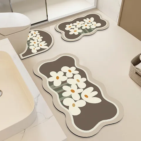 Modern Abstract Floral Absorbent Bath Mat And Toilet Rug Set Quick Dry Non-slip Diatom Mud Look Natural Rubber Bathroom Floor Mat For Washbasin Shower Area