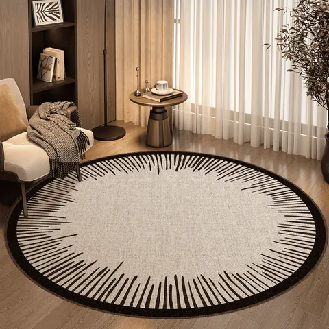 Round Area Rug Cream Style Loop Pile Carpet Striped Digital Print Non-slip Floor Mat for Living Room Bedroom Home Decor