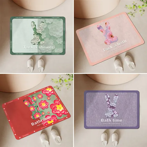 Tapis de Bain Antidérapant en Terre de Diatomées Lapin Mignon et Fleurs Séchage Rapide Paillasson pour Douche Toilettes Entrée