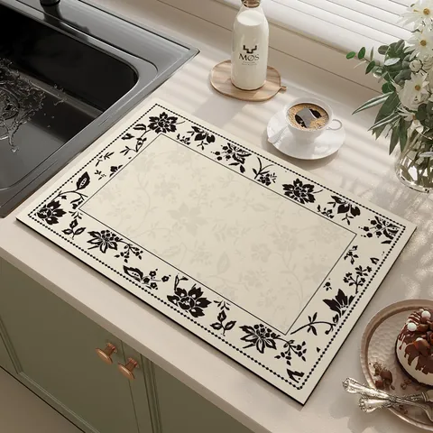American Style Kitchen Countertop Absorbent Mat Vintage Floral PVC Drain Pad Bathroom Washstand Protection Mat Home Decor