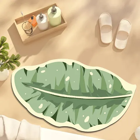 Leaf Shaped Diatom Mud Bathroom Mat Absorbent Non-slip Quick Dry Rubber Backed Tropical Monstera Floor Rug For Home Decor