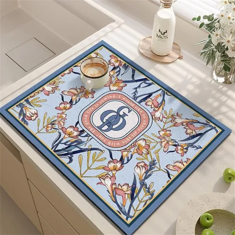 Alfombrilla de Drenaje de Cocina Super Absorbente Cuero PVC Floral Vintage Secado Rápido Protector de Encimera Mantel Individual
