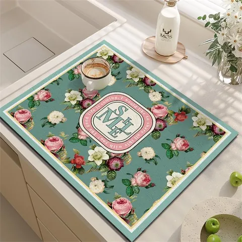 Alfombrilla de Drenaje de Cocina Super Absorbente Cuero PVC Floral Vintage Secado Rápido Protector de Encimera Mantel Individual