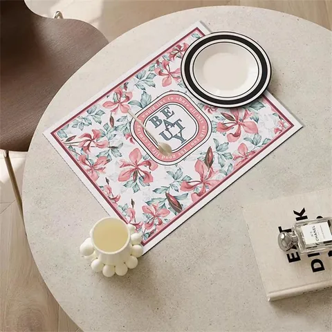 Nordic Luxury PVC Leather Placemat Waterproof Oil-proof Heat Resistant Rectangular Floral Printed Dining Table Mat Home Decor