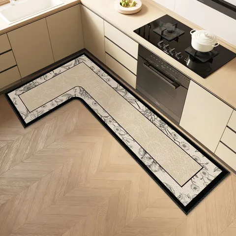 French Vintage L-Shaped Kitchen Mat Non-Slip Absorbent Oil-Proof Linen Texture PVC Floor Rug For Kitchen Corner Decor