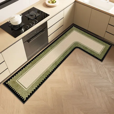 French Vintage L-Shaped Kitchen Mat Non-Slip Absorbent Oil-Proof Linen Texture PVC Floor Rug For Kitchen Corner Decor