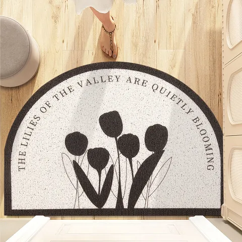 Semi-Circle Entryway Floor Mat PVC Wire Loop Non-Slip Dirt Resistant Doormat Minimalist Floral Pattern Home Decor Mat