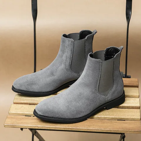 Men British Style Chelsea Boots Pointed Toe Slip-on Gray PU Leather Ankle Martin Boots Business Casual Shoes