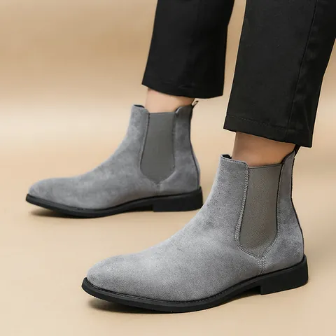 Men British Style Chelsea Boots Pointed Toe Slip-on Gray PU Leather Ankle Martin Boots Business Casual Shoes