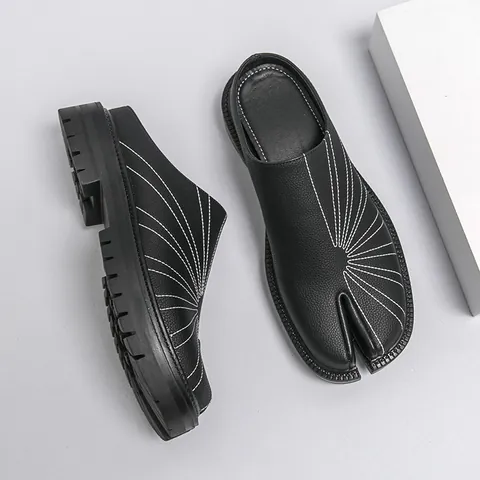 Men Fashion Split Toe Tabi Mules Casual Business Slip-On Loafers Thick Sole PU Leather Shoes with Contrast Stitching