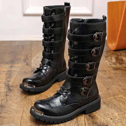 Men Retro Punk Motorcycle Boots PU Leather High Top Martin Boots With Metal Buckle Straps And Toe Cap For Outdoor Wear