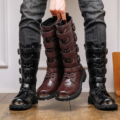 Men Retro Punk Motorcycle Boots PU Leather High Top Martin Boots With Metal Buckle Straps And Toe Cap For Outdoor Wear