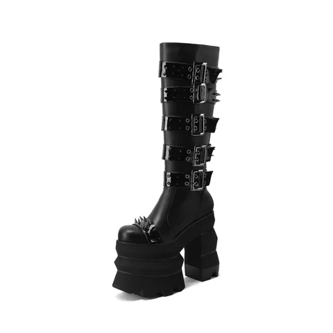 Damen Punk Gothic Plateau Kniehohe Stiefel PU-Leder Nieten Schnallen Riemen Seitlicher Reißverschluss Klobiger Hoher Absatz Lange Modestiefel Schwarz
