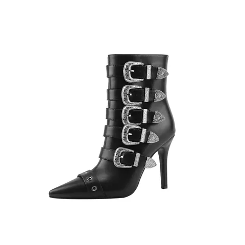 Botines de Tacón de Aguja con Punta Fina para Mujer Cuero PU Múltiples Hebillas Remaches Tacones Altos Botas de Moda Negro