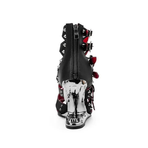 Femmes Style Punk Ajouré Bout Ouvert Bottes Sandales Cloutées Talon Unique Dent de Monstre Fermeture Éclair Arrière Gothique Noir Talons Hauts