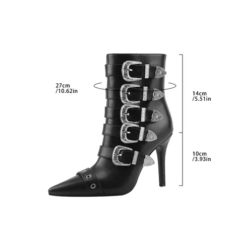 Botines de Tacón de Aguja con Punta Fina para Mujer Cuero PU Múltiples Hebillas Remaches Tacones Altos Botas de Moda Negro