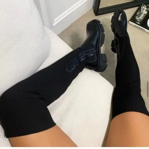 Women's Over The Knee Boots Flyknit Elastic Thigh High Boots Round Toe Chunky Mid Heel Platform Long Boots Fashion Shoes