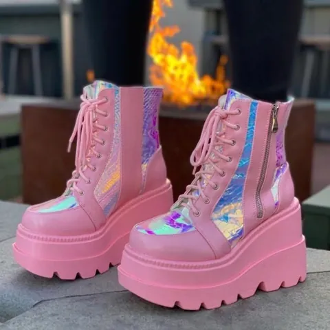Women Fashion Platform Sneakers Lace Up High Top Wedge Shoes Side Zipper Iridescent Snake Pattern Color Block Casual PU Shoes For Women