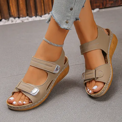 Sandali da Donna in Stile Romano con Zeppa in PU Peep Toe Cinturino alla Caviglia Scarpe con Platform Elegante Fibbia in Metallo Casual Spiaggia Vacanza Sandali