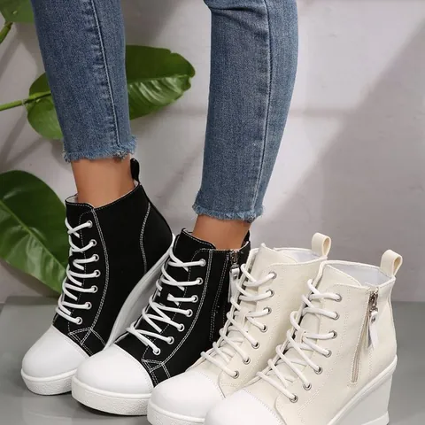 Women Casual Canvas High Top Wedge Sneakers Side Zipper Height Increasing Fashion Lace Up Platform Canvas Shoes For Daily Wear