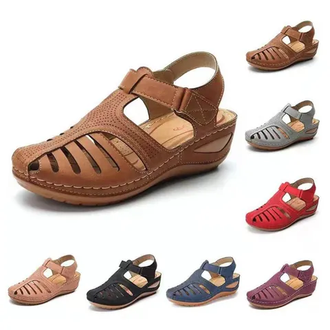 Women's Casual Wedge Sandals PU Leather Round Toe Cut Out Hook And Loop Strap Summer Retro Comfortable Non Slip Beach Shoes