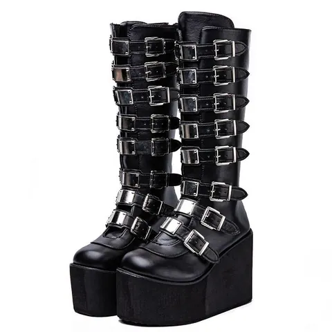 European Punk Over The Knee Platform Wedge Boots Women Gothic Tall Leather Martin Boots with Metal Buckles High Heel Streetwear