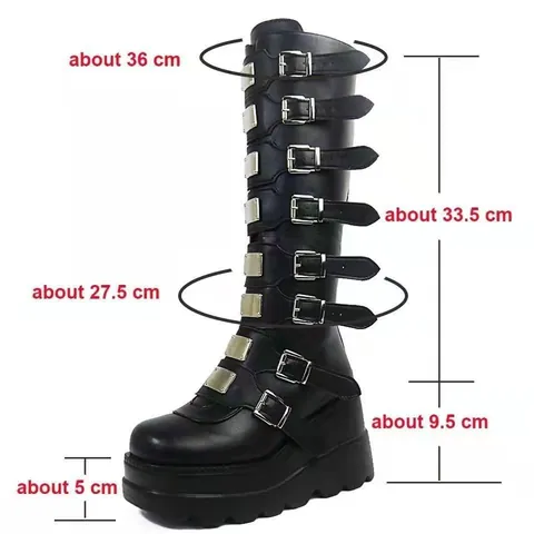 Women Gothic Punk Over The Knee Boots Microfiber Platform Thick Sole Metal Buckle Rear Zipper High Tube Fashion Boots