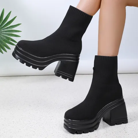 Women Square Toe Platform Boots Fashion Chunky Block Heel Fly-knit PU Leather Short Boots Mid-tube Waterproof Ladies Shoes Black