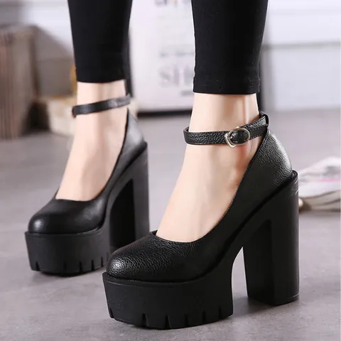 Women Fashion Chunky High Heels Platform Ankle Strap Buckle Solid PU Single Shoes Office Party Pumps Ladies Footwear