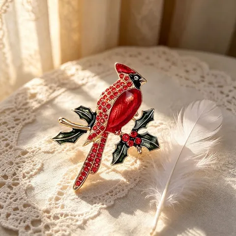 Red Cardinal Bird Branch Brooch Red Rhinestone Enamel Animal Brooch Pin For Women Men Jewelry Gold Plated Alloy Brooch Pin