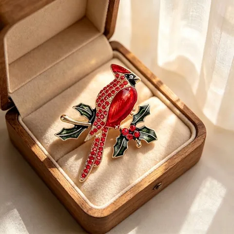 Red Cardinal Bird Branch Brooch Red Rhinestone Enamel Animal Brooch Pin For Women Men Jewelry Gold Plated Alloy Brooch Pin