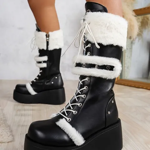 Dames Mode Sneeuwlaarzen Koeiensuède Wolmix Platformzool Warme Kunstbontvoering Halverwege de Kuit Winterlaarzen Vetersluiting Zijritssluiting Outdoor Schoeisel