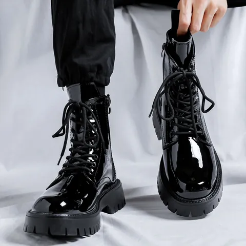 Men British Style Martin Boots Shiny Patent Leather High Top Motorcycle Boots Non-slip Thick Sole Side Zipper Work Shoes