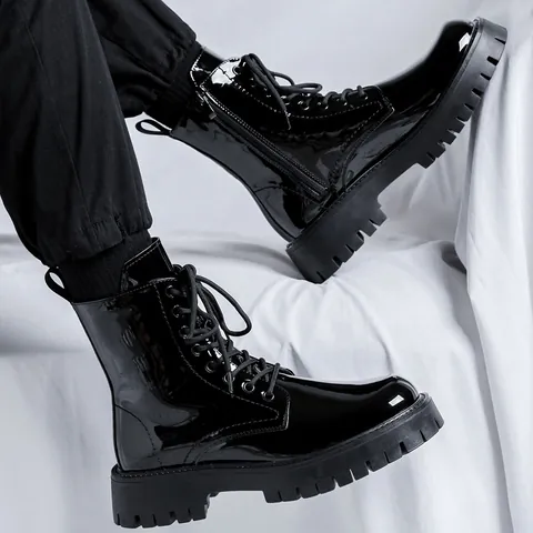 Men British Style Martin Boots Shiny Patent Leather High Top Motorcycle Boots Non-slip Thick Sole Side Zipper Work Shoes