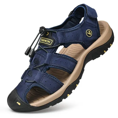 Men's Outdoor Closed Toe Sandals Breathable Cowhide Leather Beach Shoes Anti-collision Non-slip Fisherman Sandals For Summer Men