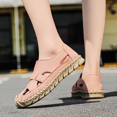 Women's Genuine Leather Outdoor Breathable Clogs Hollow Out Hand-stitched Sole Casual Sandals Non-slip Summer Shoes